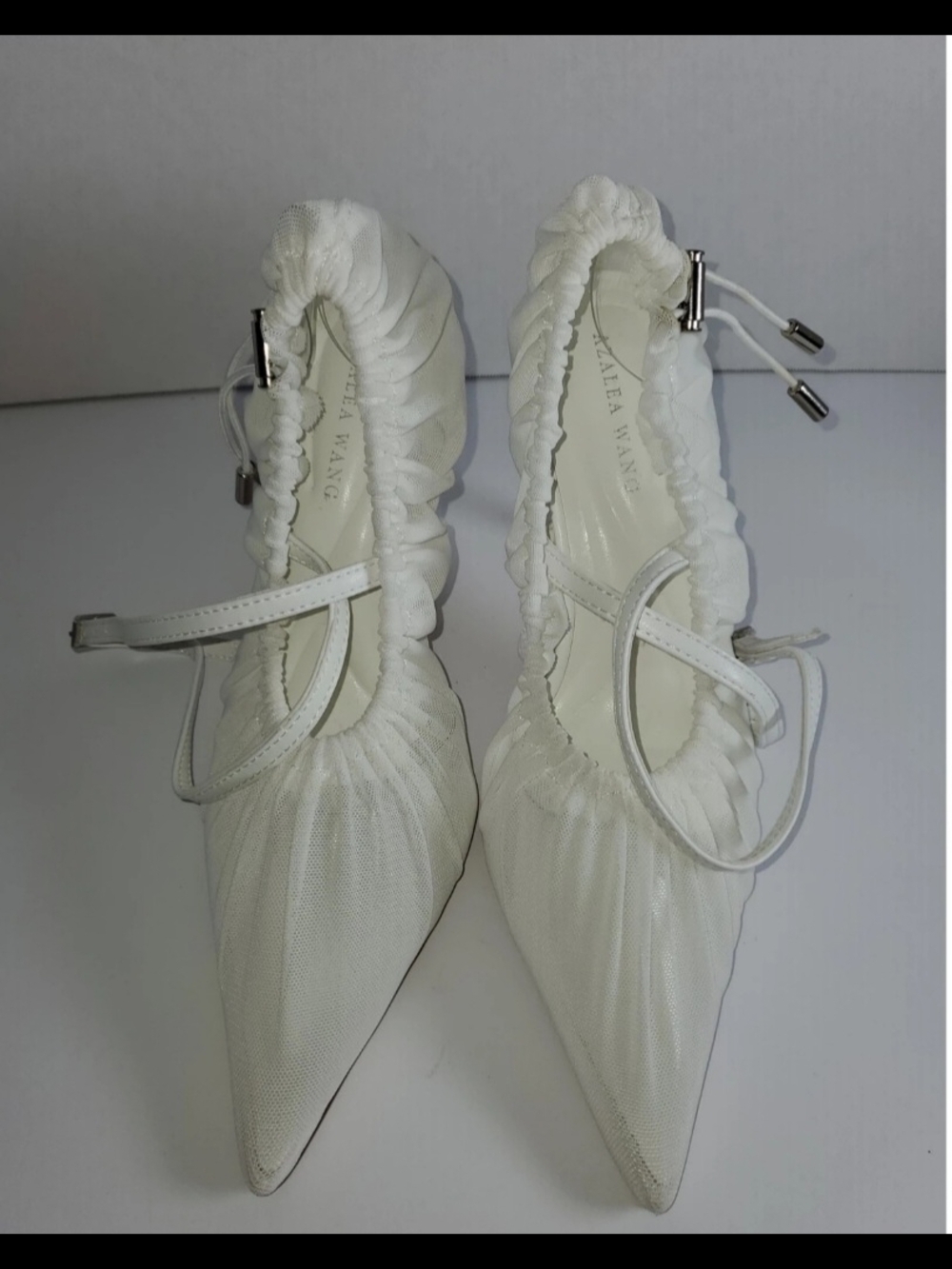 Azalea Wang Jubilance White Mesh Cinch Pumps.